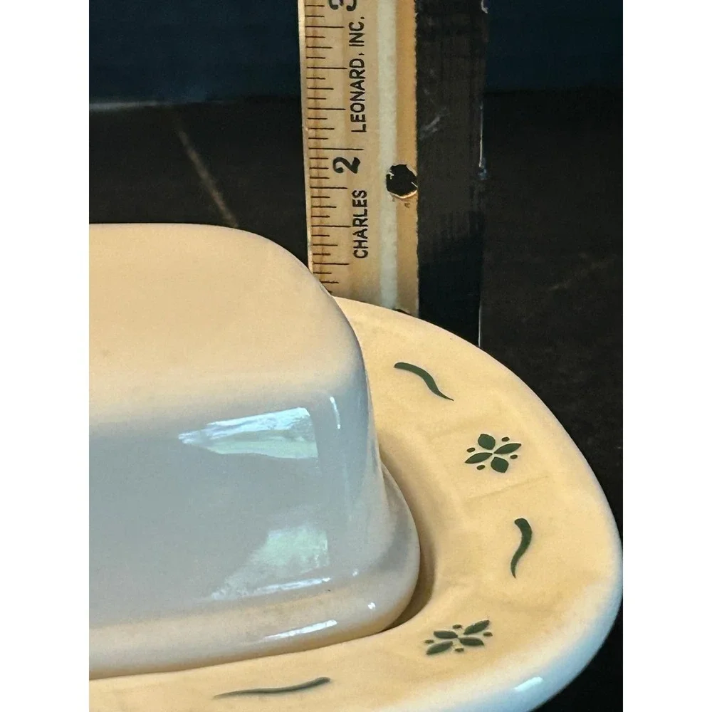 Longaberger Pottery Woven Traditions Ivory/Green Butter Dish USA